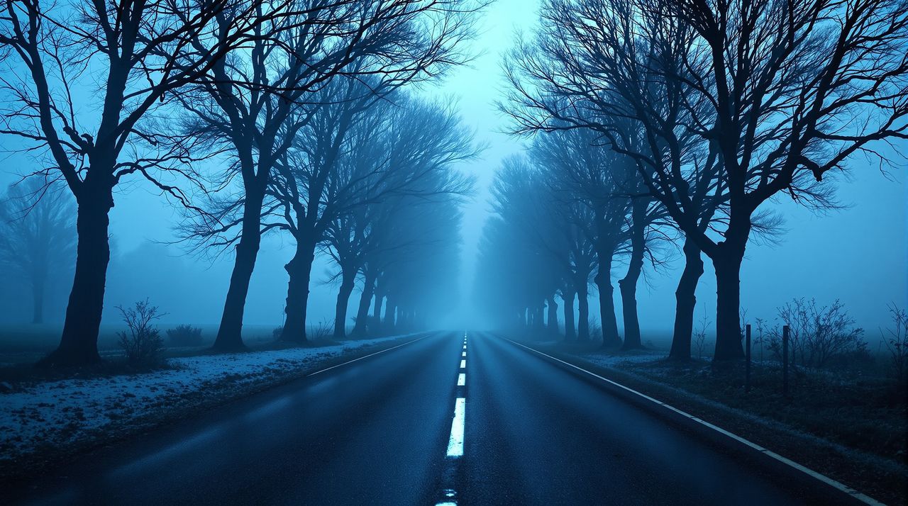 Eine leere Landstraße mit alten Bäumen, die sich im Morgennebel verliert.