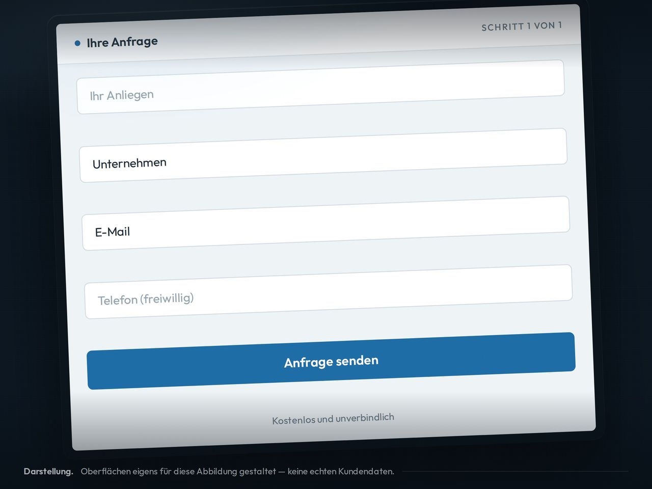 Ein Anfrageformular auf einem Bildschirm, darunter die Schaltfläche „Anfrage senden“.