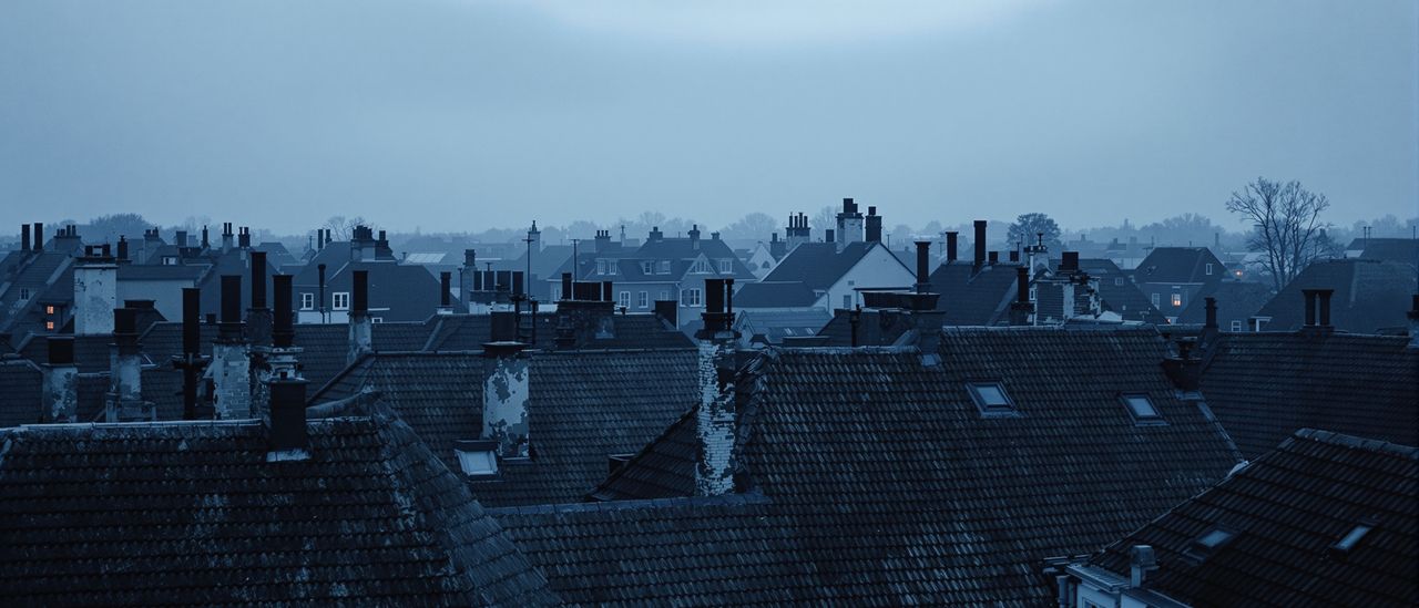 Ziegeldächer und Schornsteine einer norddeutschen Stadt zur blauen Stunde.