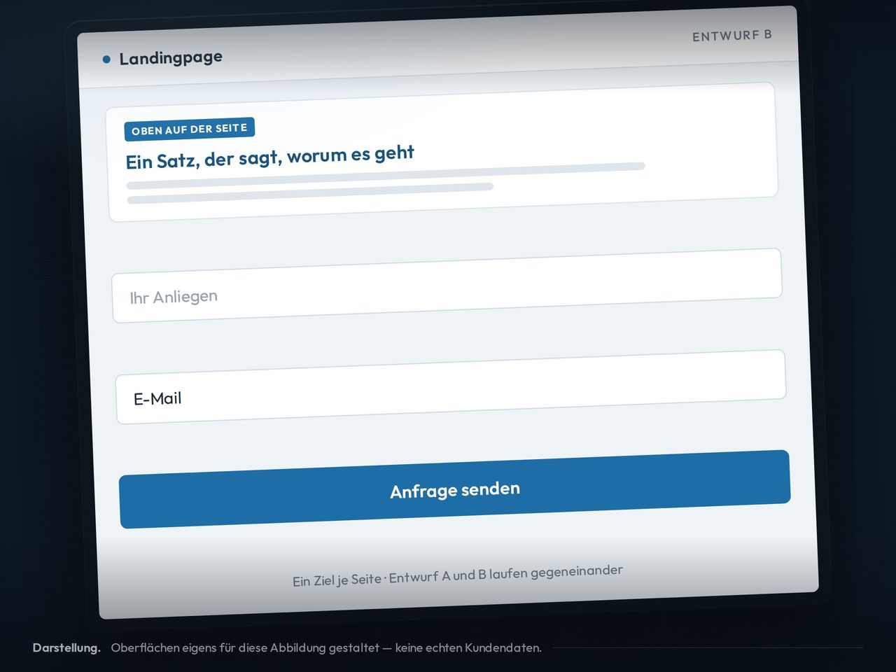 Der Entwurf einer Landingpage auf einem Bildschirm: eine Überschrift, zwei Felder und eine Schaltfläche.