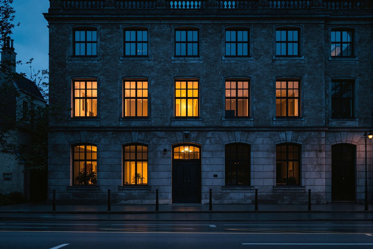 Ein Altbau in der Abenddämmerung, in einem Stockwerk brennt Licht.