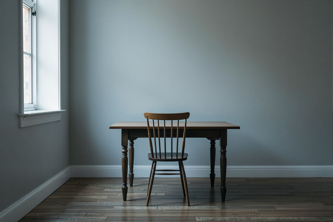 Ein einzelner Holzstuhl an einem leeren Tisch in einem sonst leeren Raum, Licht von einem hohen Fenster.