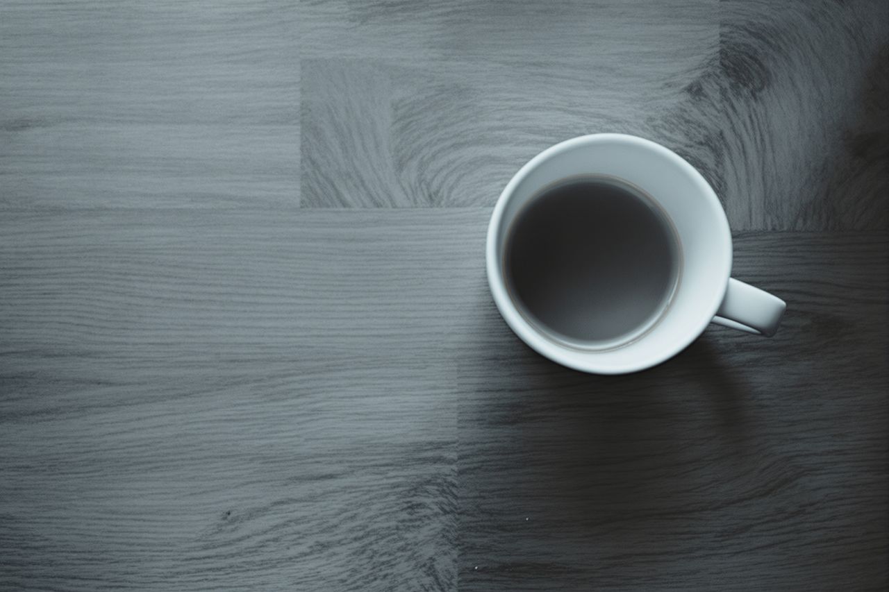 Eine einzelne weiße Tasse auf einem schlichten Holztisch, von oben gesehen, kaltes Fensterlicht.