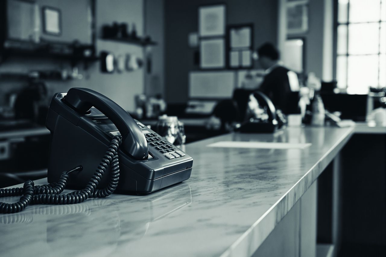 Ein altes Tischtelefon auf einem leeren Empfangstresen, Morgenlicht von der Seite.