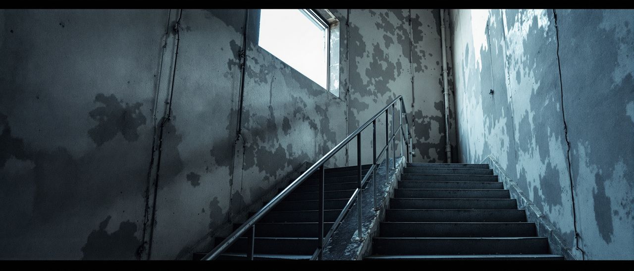Ein abgenutztes Treppenhaus in einem alten Geschäftsgebäude, kaltes Licht von einem hohen Fenster.