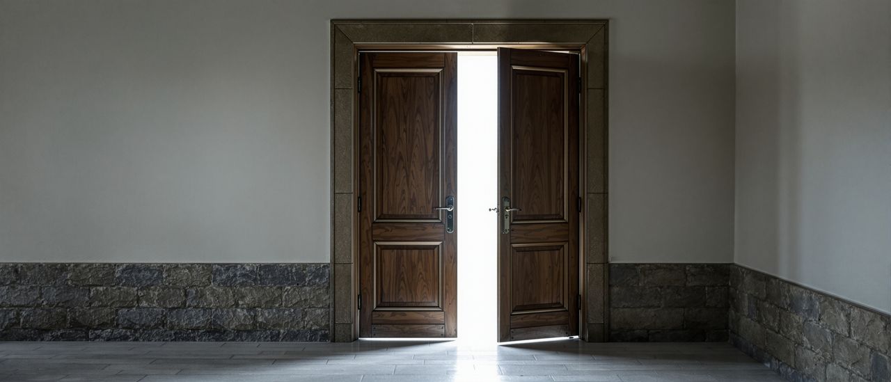 Eine schwere alte Holztür, weit offen, dahinter helles Tageslicht auf einem abgetretenen Steinboden.